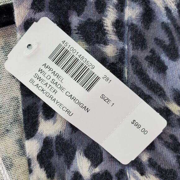 Chico's Wild Sadie Cardigan Sweater 1 Medium Black Gray Leopard Silk Angora NWT - Picture 6 of 7